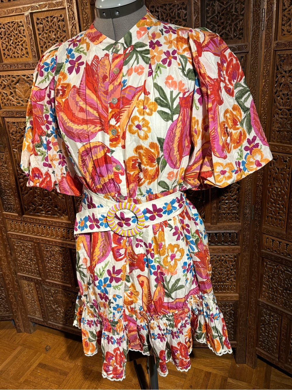 FARM Rio Multicolor Floral Button-Front Midi Dress with Belt